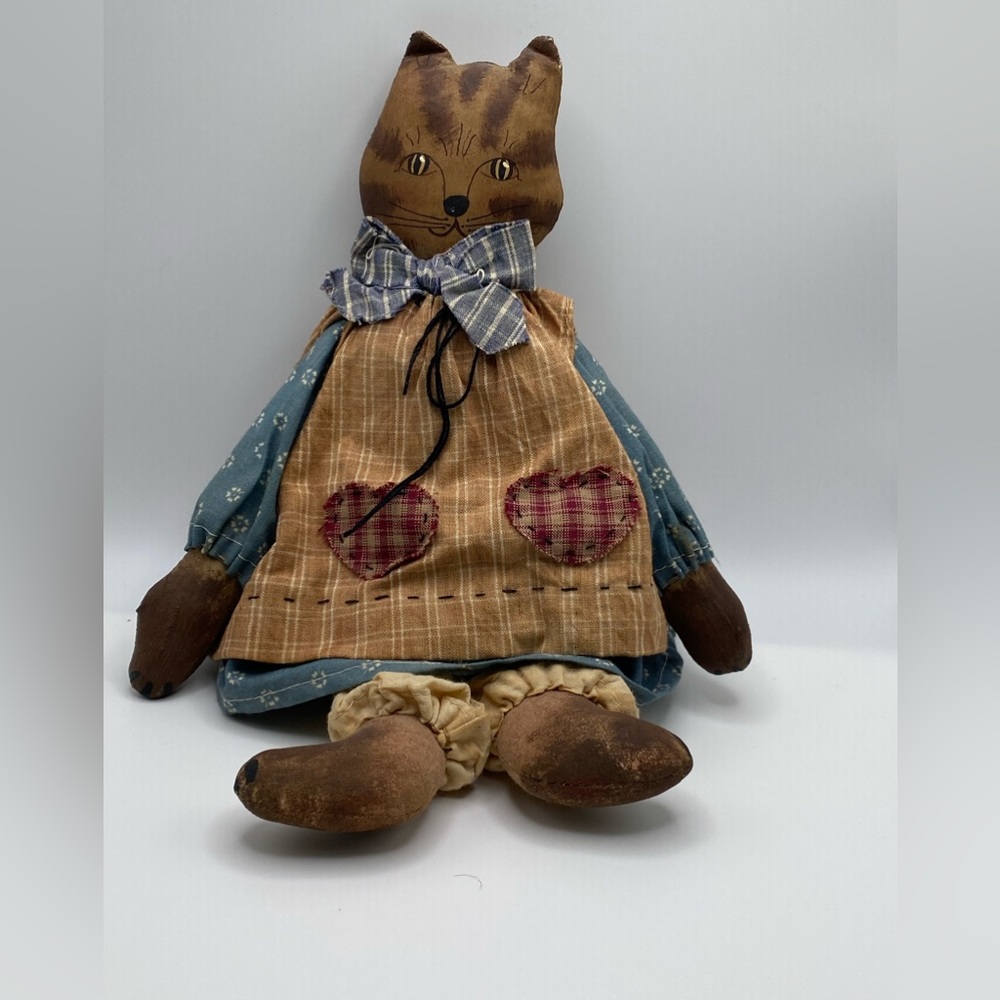 Primitive Folk Art Calico Cat Doll Artisan made painted cloth patchwork kitty